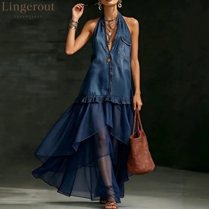Stylish Elegant Organza-Paneled Denim Maxi Dress - Dark blue / XS