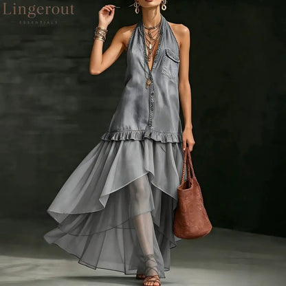 Stylish Elegant Organza-Paneled Denim Maxi Dress - Grey / XS