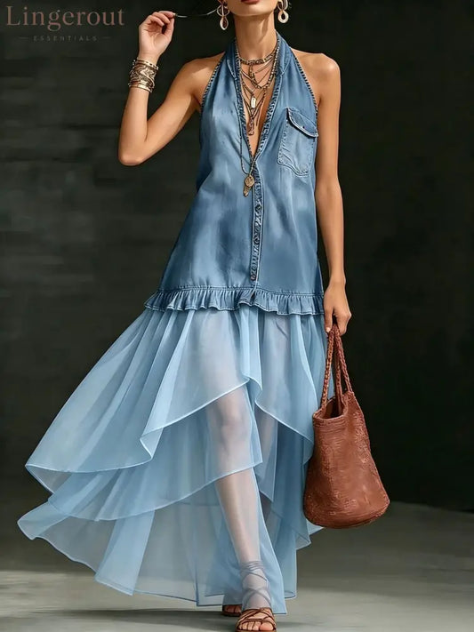 Stylish Elegant Organza-Paneled Denim Maxi Dress - Light blue / XS