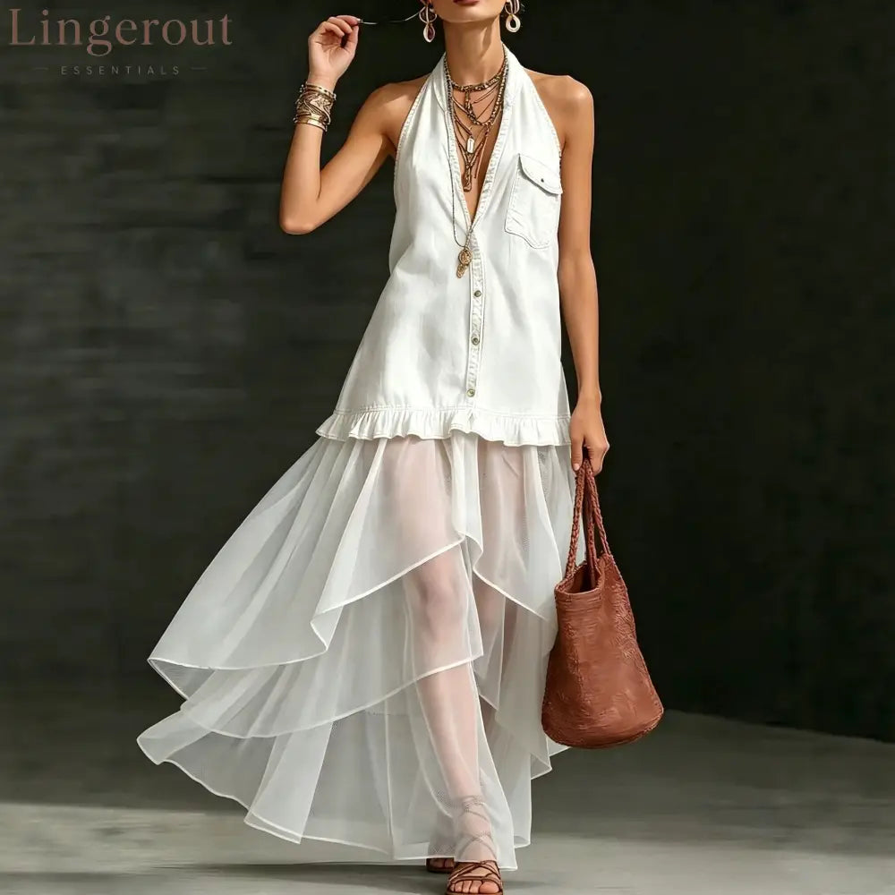 Stylish Elegant Organza-Paneled Denim Maxi Dress - White / XS