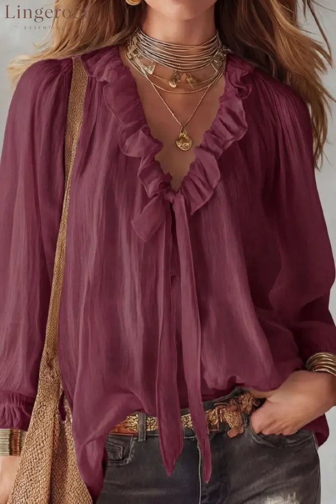 Stylish Long-sleeved V-neck Tie Loose Shirt Top - Burgundy / S