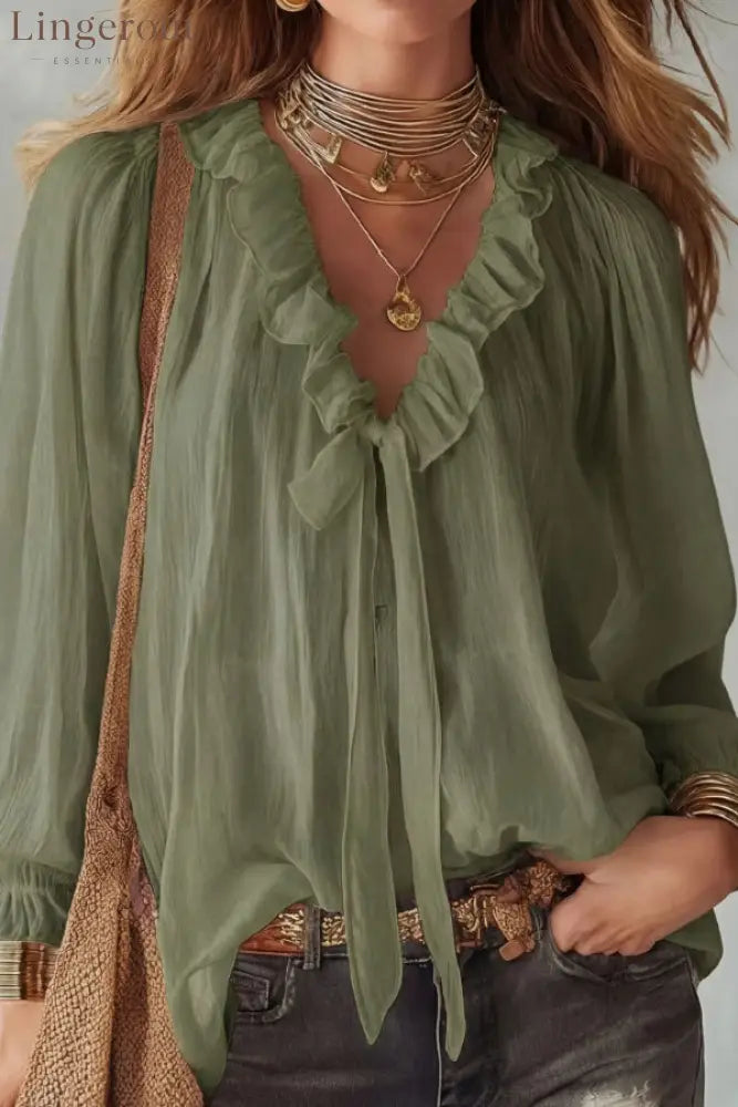 Stylish Long-sleeved V-neck Tie Loose Shirt Top - Green / S