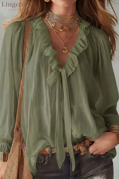 Stylish Long-sleeved V-neck Tie Loose Shirt Top - Green / S