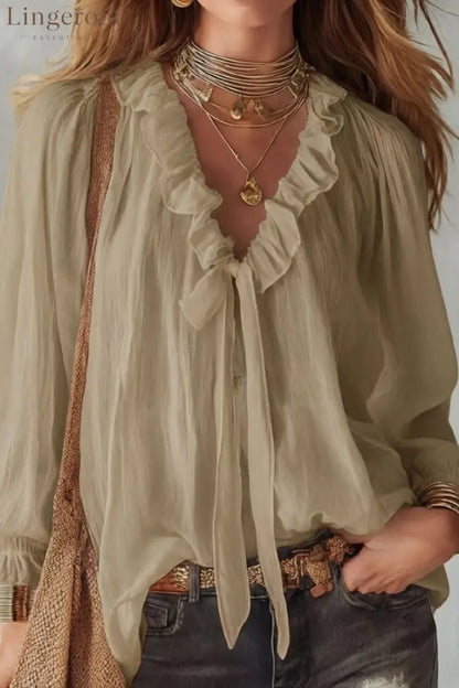 Stylish Long-sleeved V-neck Tie Loose Shirt Top - Khaki / S
