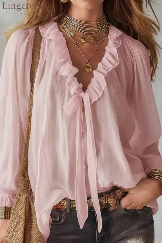 Stylish Long-sleeved V-neck Tie Loose Shirt Top - Pink / S