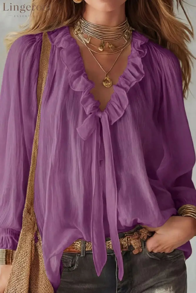Stylish Long-sleeved V-neck Tie Loose Shirt Top - Purple / S