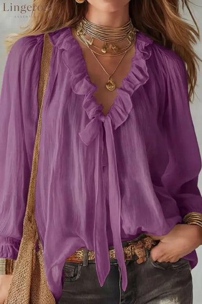 Stylish Long-sleeved V-neck Tie Loose Shirt Top - Purple / S