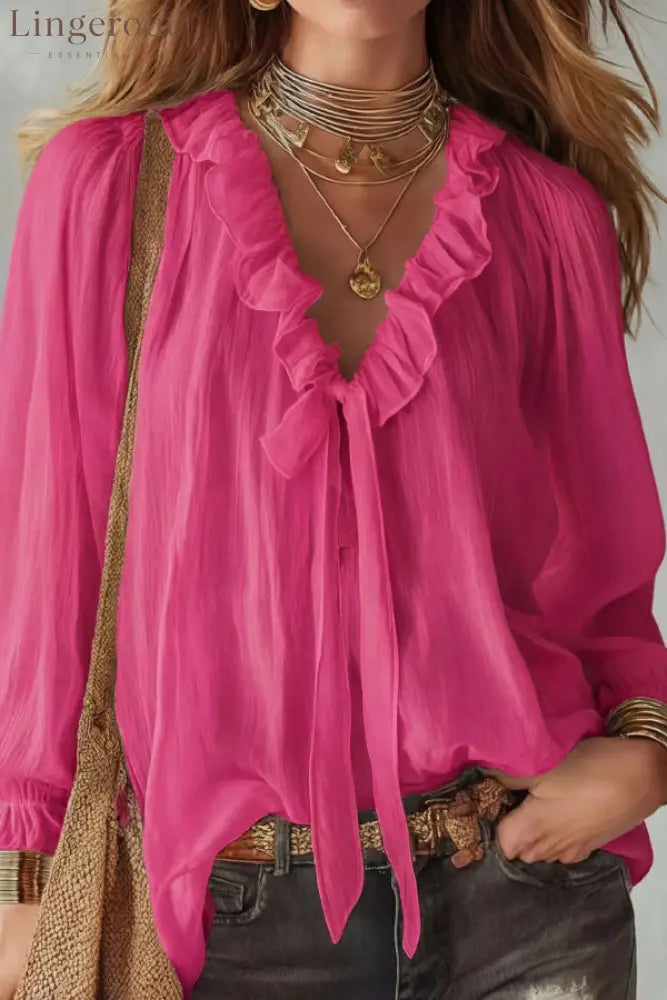 Stylish Long-sleeved V-neck Tie Loose Shirt Top - Rose red / S