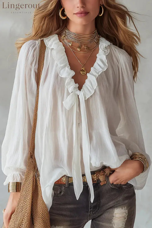 Stylish Long-sleeved V-neck Tie Loose Shirt Top - White / S