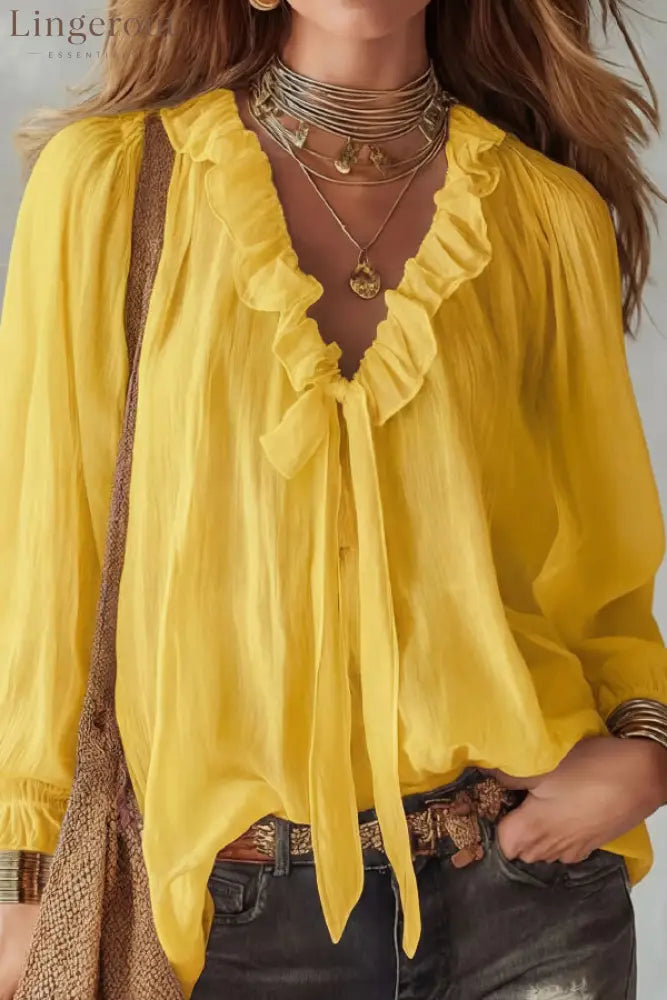 Stylish Long-sleeved V-neck Tie Loose Shirt Top - Yellow / S