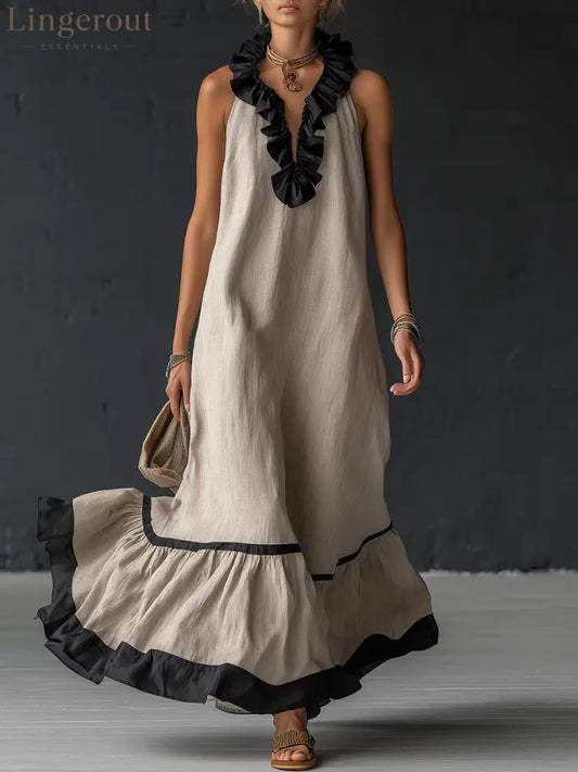 Stylish Simple Sleeveless Color-blocked Ruffled V-neck Cotton Linen Maxi Dress - Beige / S