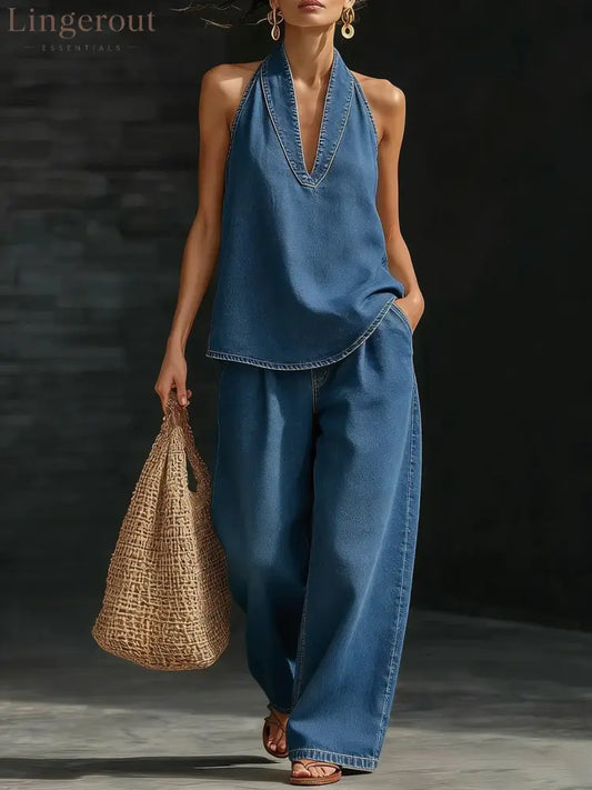 Stylish Urban Retro Denim Sleeveless Top And Wide Leg Pants Set - Blue / S