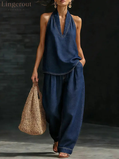 Stylish Urban Retro Denim Sleeveless Top And Wide Leg Pants Set - Dark blue / S
