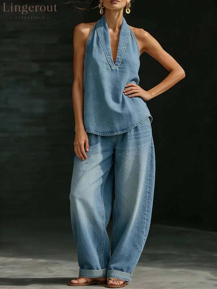 Stylish Urban Retro Denim Sleeveless Top And Wide Leg Pants Set - Light blue / S