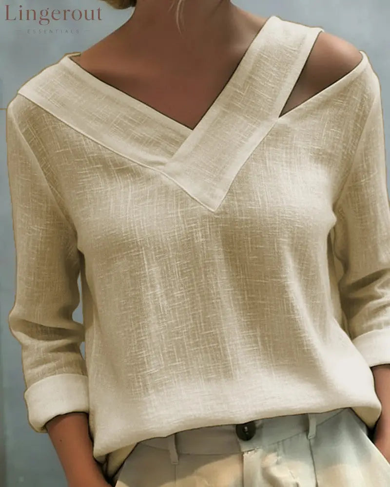 Stylish V-Neck Off-The-Shoulder Top - Khaki / S