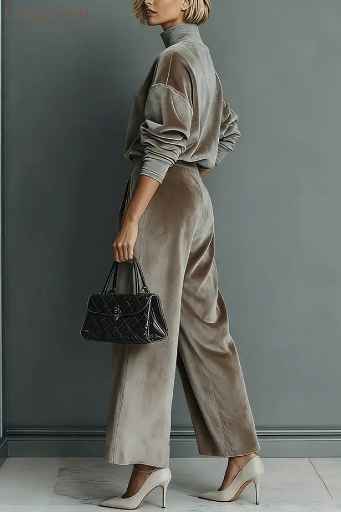 Stylish Velvet Turtleneck Long-sleeved Top and Casual Pocket Wide-leg Pants Set