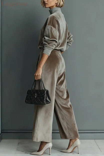Stylish Velvet Turtleneck Long-sleeved Top and Casual Pocket Wide-leg Pants Set