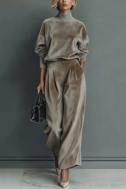 Stylish Velvet Turtleneck Long-sleeved Top and Casual Pocket Wide-leg Pants Set - Ash / XS