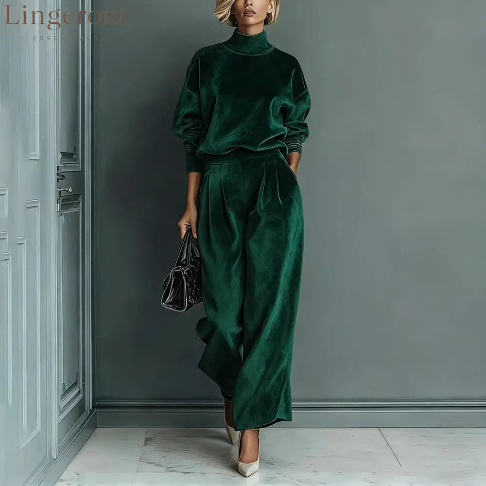 Stylish Velvet Turtleneck Long-sleeved Top and Casual Pocket Wide-leg Pants Set - Dark Green / XS