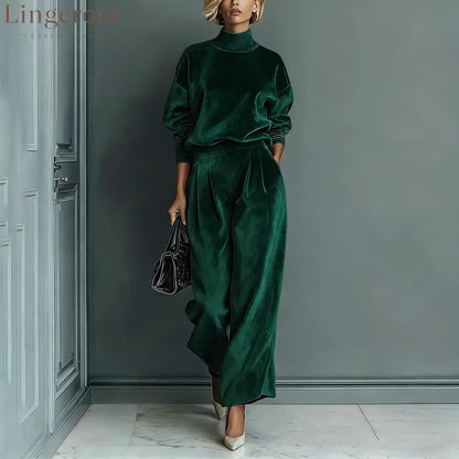 Stylish Velvet Turtleneck Long-sleeved Top and Casual Pocket Wide-leg Pants Set - Dark Green / XS