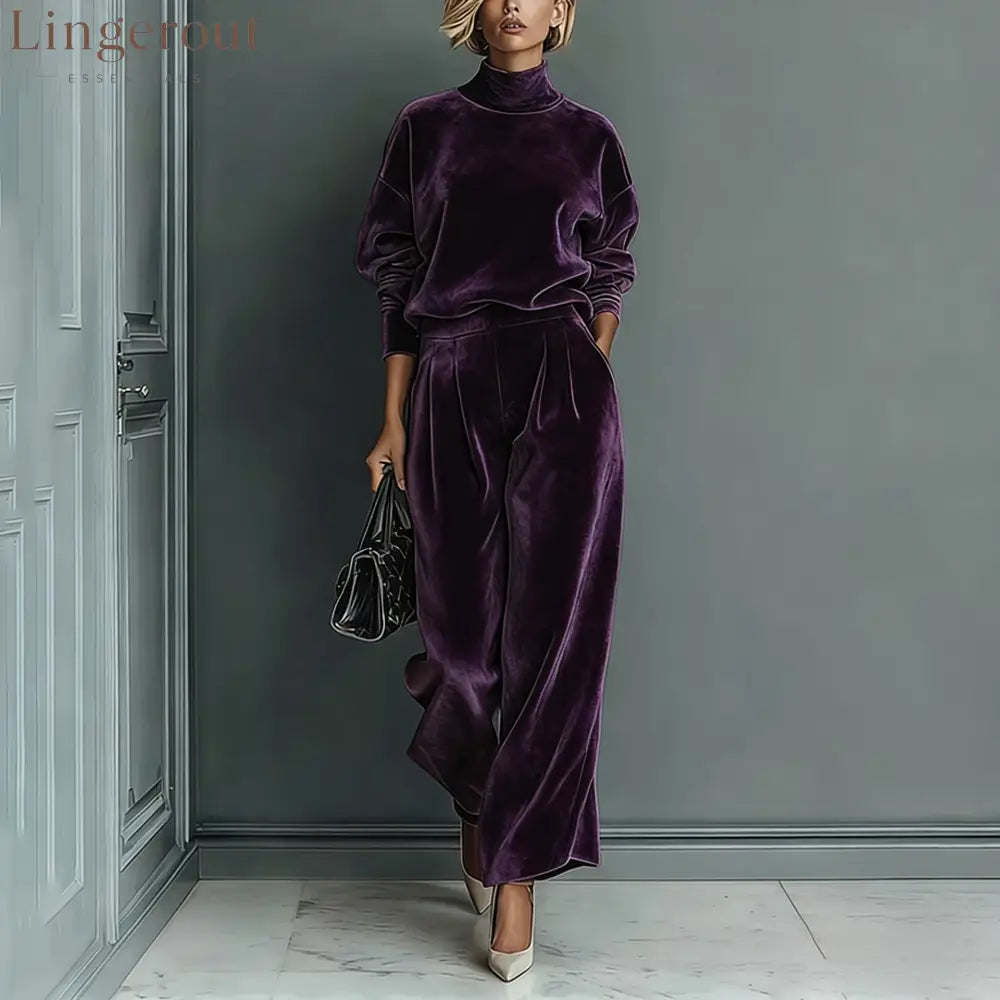 Stylish Velvet Turtleneck Long-sleeved Top and Casual Pocket Wide-leg Pants Set - Dark Purple / XS
