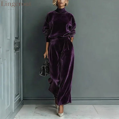 Stylish Velvet Turtleneck Long-sleeved Top and Casual Pocket Wide-leg Pants Set - Dark Purple / XS