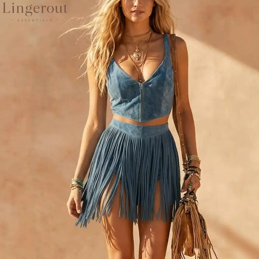 Suede Zipper Vest + Tassel Skirt Western Style Two-Piece Set