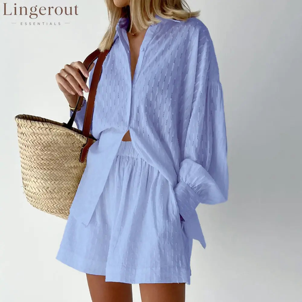 Summer Women Shorts Sets Shirt Shorts Suit 2 Piece Set Sleeve Outfits Homewear - BLUE / S