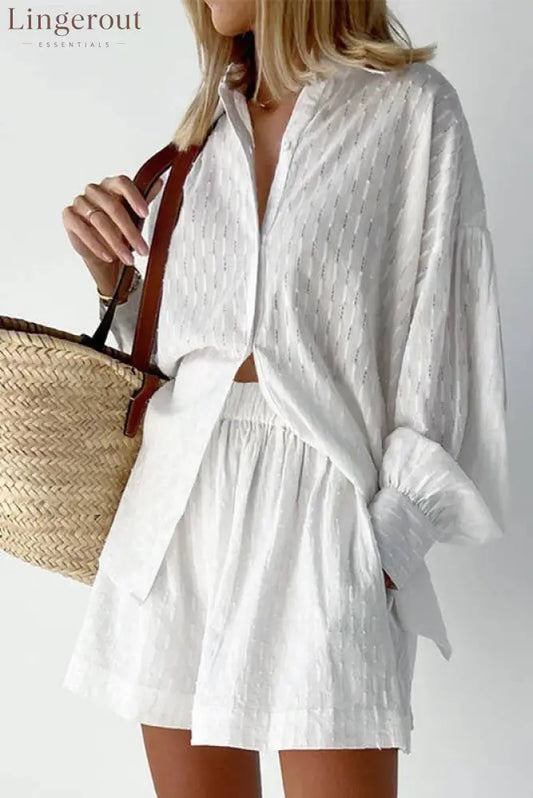 Summer Women Shorts Sets Shirt Shorts Suit 2 Piece Set Sleeve Outfits Homewear - WHITE / S