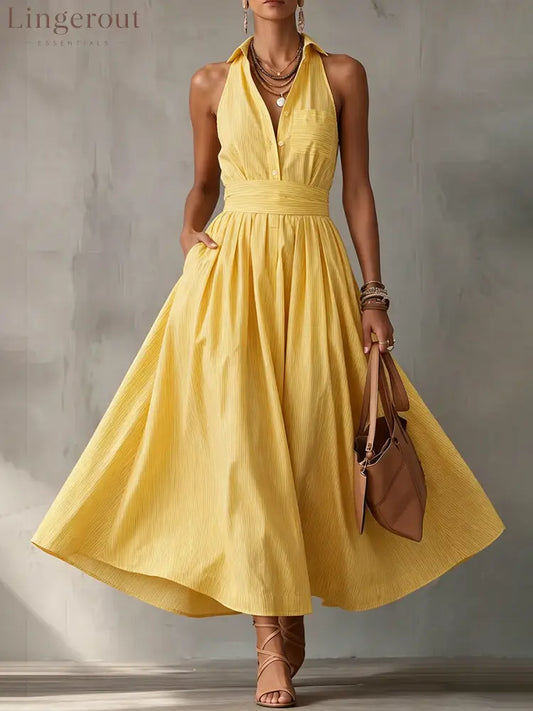 Sun-drenched Yellow Striped Maxi Dress - Cruise-ready Halter Neck Sundress - Yellow / S