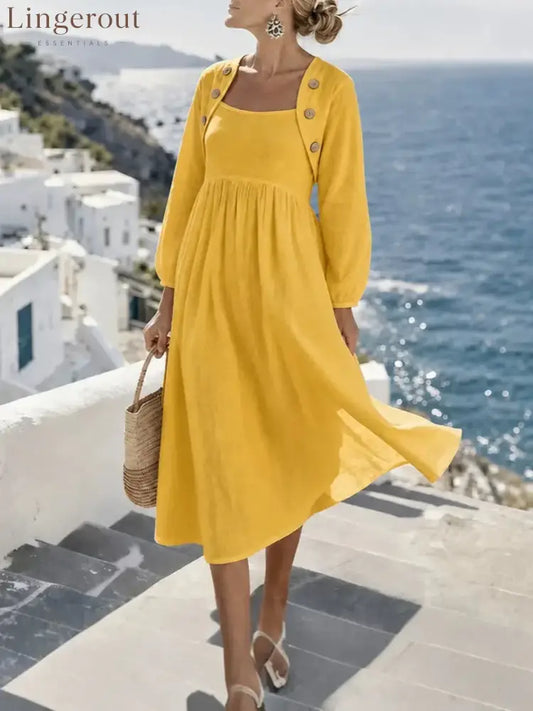 Sunny Coastal Linen-Blend Button-Detail Midi Dress - Yellow / S