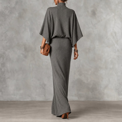 Elegant Solid Color Batwing Top Ang Skirt Two-piece Set
