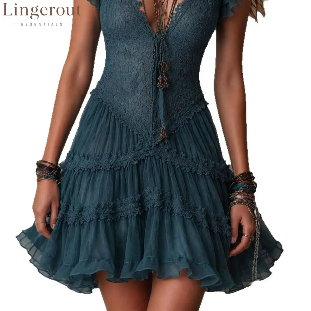 Teal Boho Lace Tiered Ruffle Mini Dress