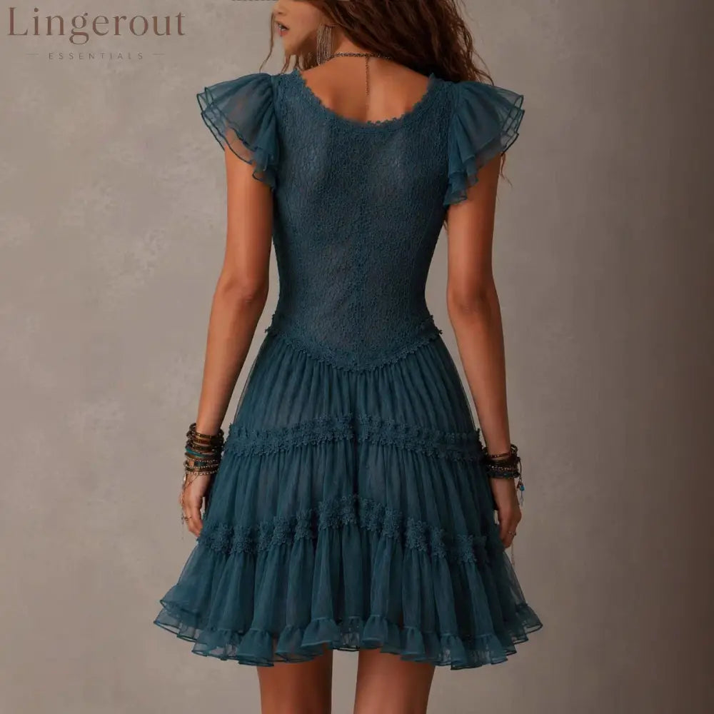 Teal Boho Lace Tiered Ruffle Mini Dress