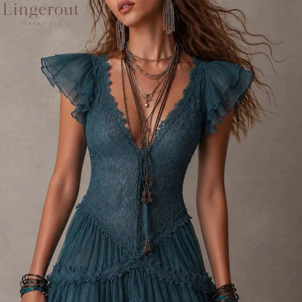 Teal Boho Lace Tiered Ruffle Mini Dress