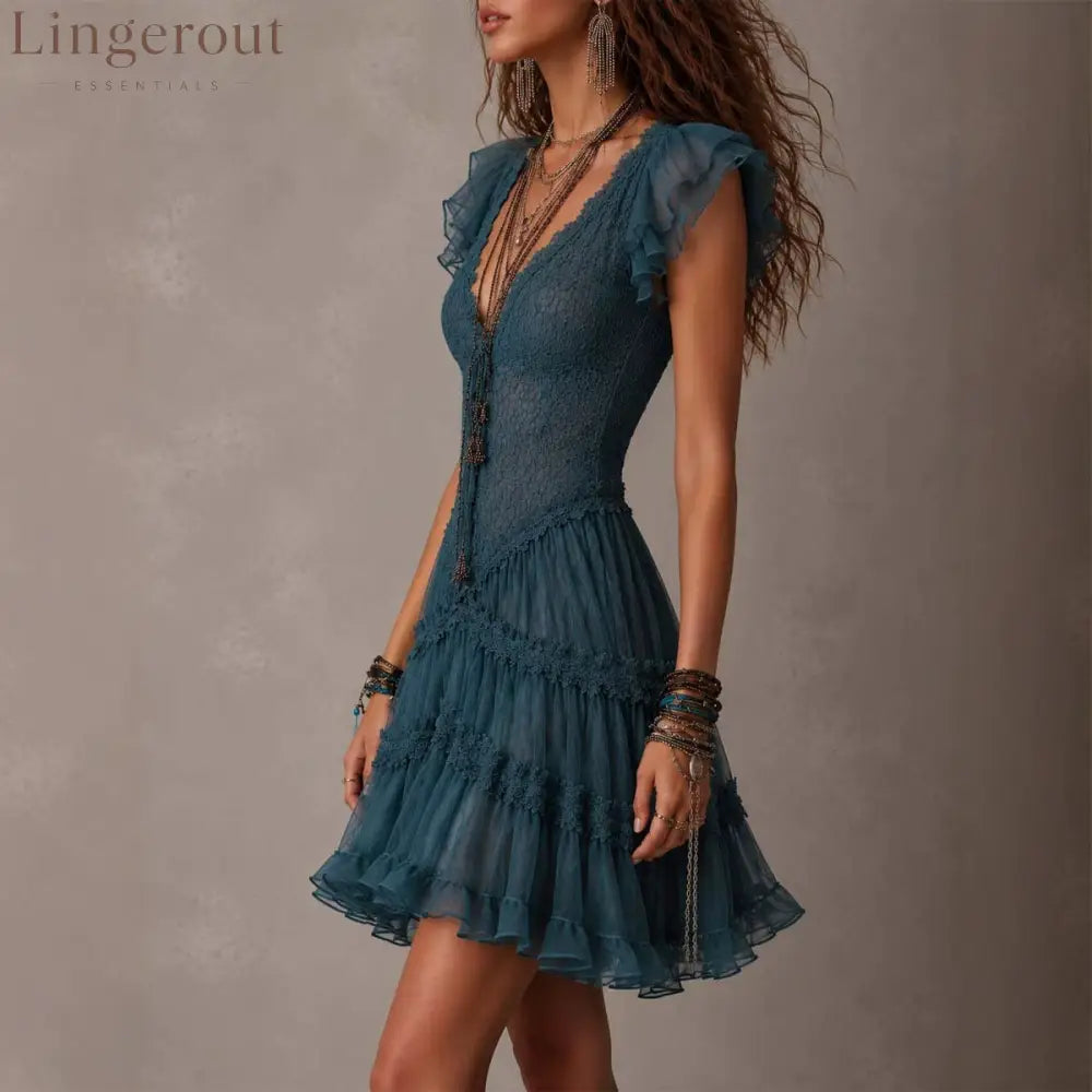 Teal Boho Lace Tiered Ruffle Mini Dress