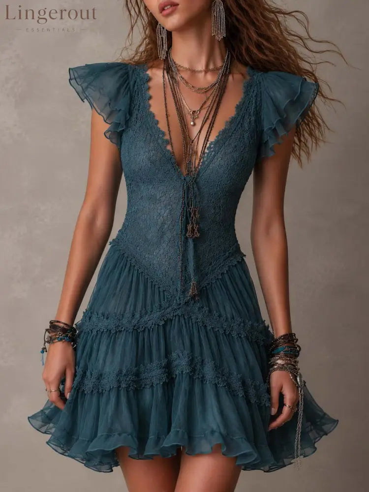 Teal Boho Lace Tiered Ruffle Mini Dress - Navy blue / S