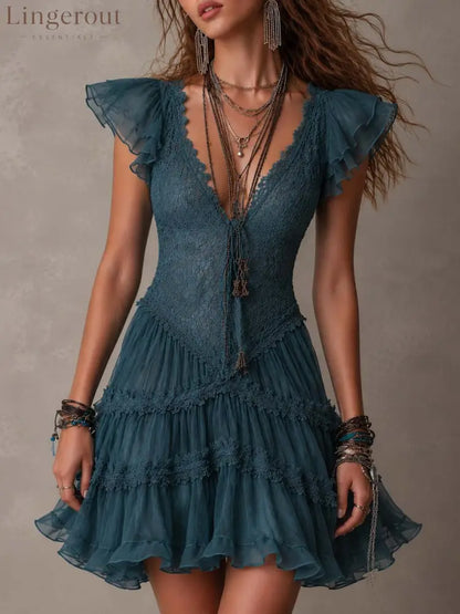Teal Boho Lace Tiered Ruffle Mini Dress - Navy blue / S