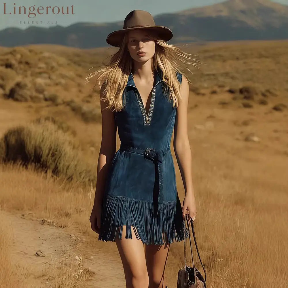 Teal Suede Sleeveless Western Fringe Mini Dress With Embellished Belt