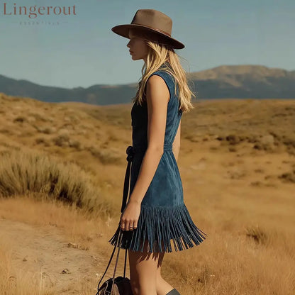 Teal Suede Sleeveless Western Fringe Mini Dress With Embellished Belt
