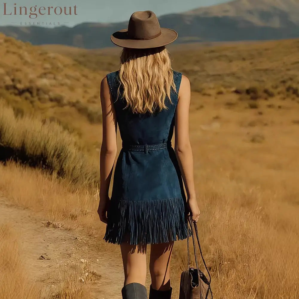 Teal Suede Sleeveless Western Fringe Mini Dress With Embellished Belt