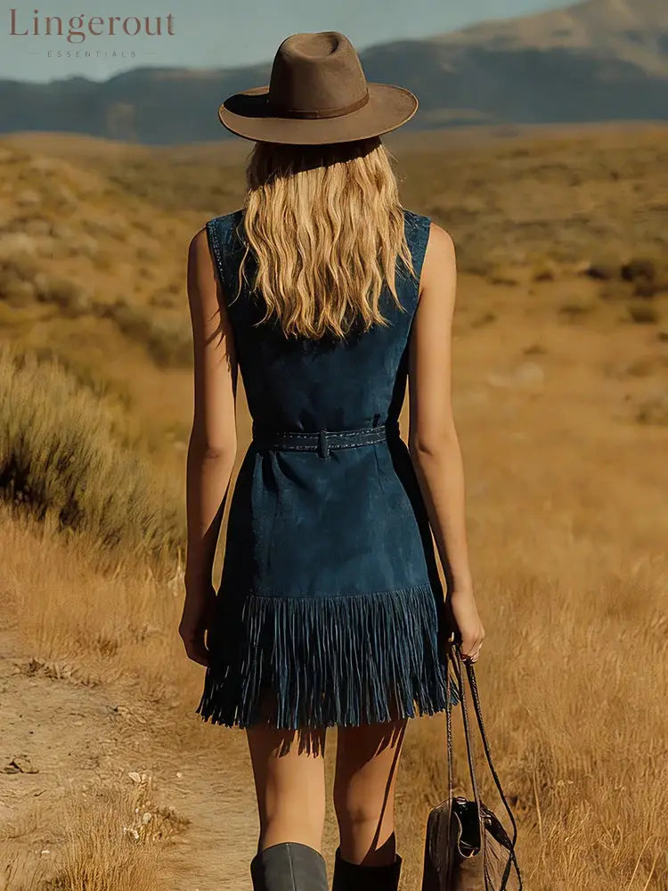 Teal Western‑Style Sleeveless Fringe Mini Dress