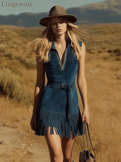 Teal Western‑Style Sleeveless Fringe Mini Dress