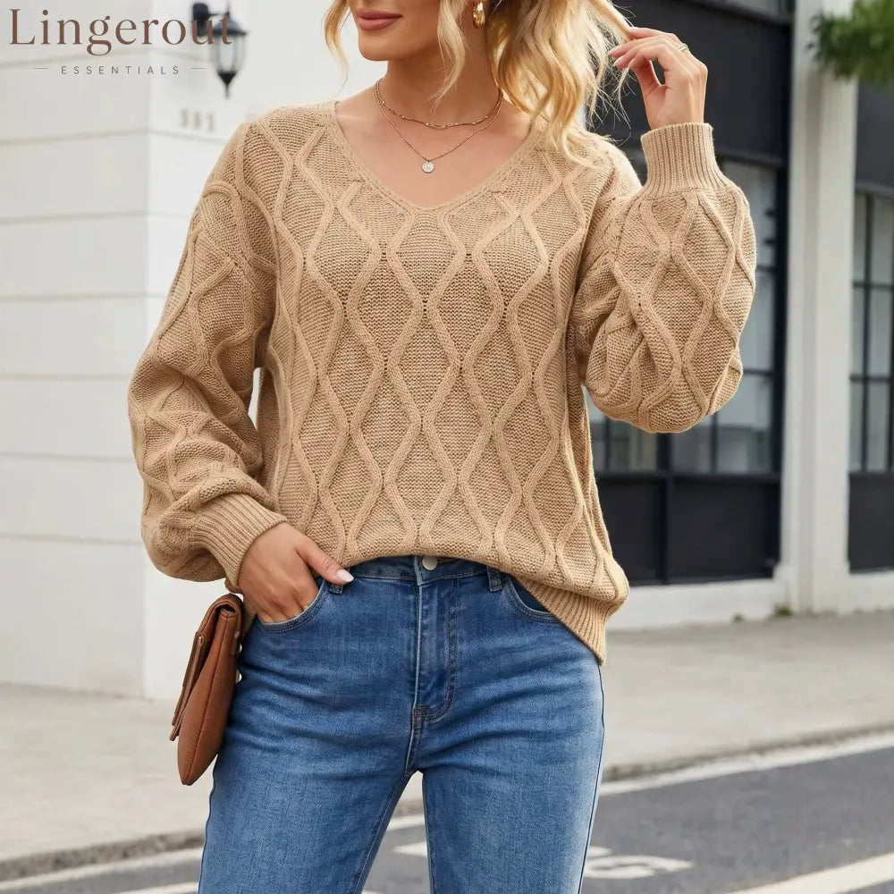 Textured Cable Knit V-Neck Sweater