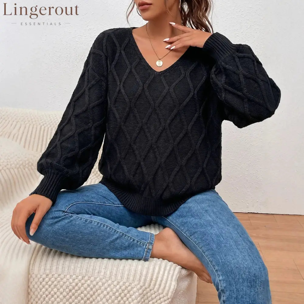 Textured Cable Knit V-Neck Sweater