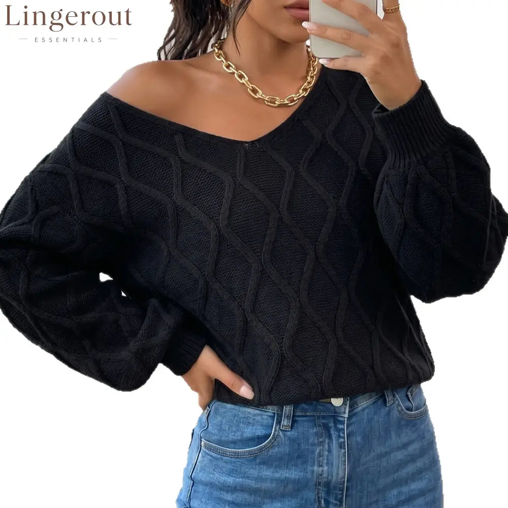 Textured Cable Knit V-Neck Sweater