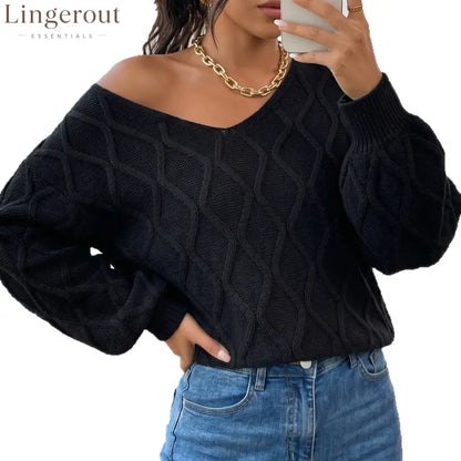 Textured Cable Knit V-Neck Sweater