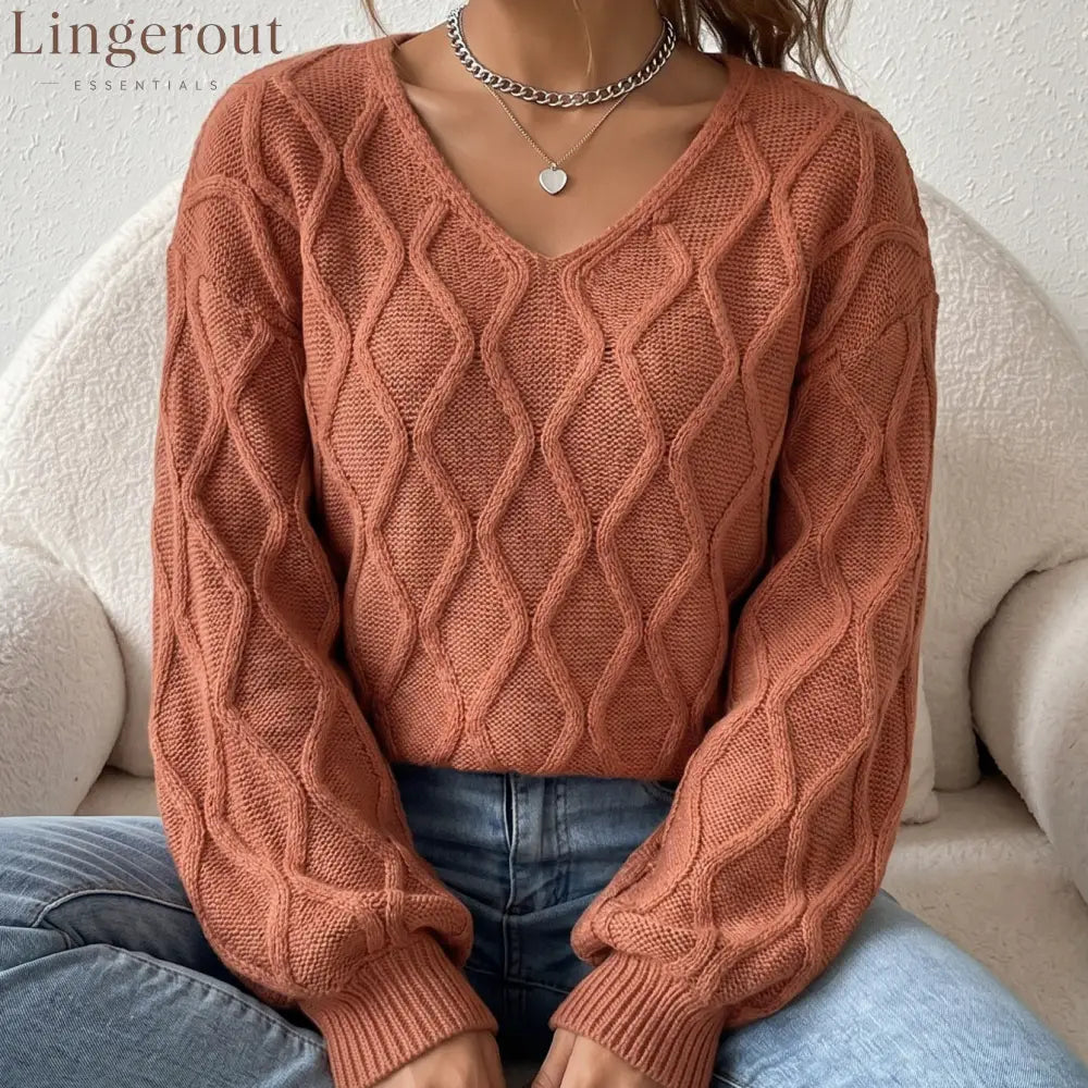 Textured Cable Knit V-Neck Sweater
