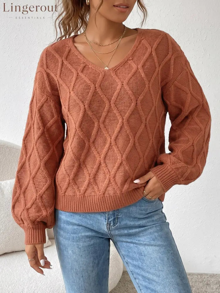 Textured Cable Knit V-Neck Sweater - Brown / S
