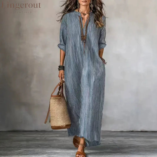Textured Crinkled V Neck Half Sleeve Loose Maxi Dress